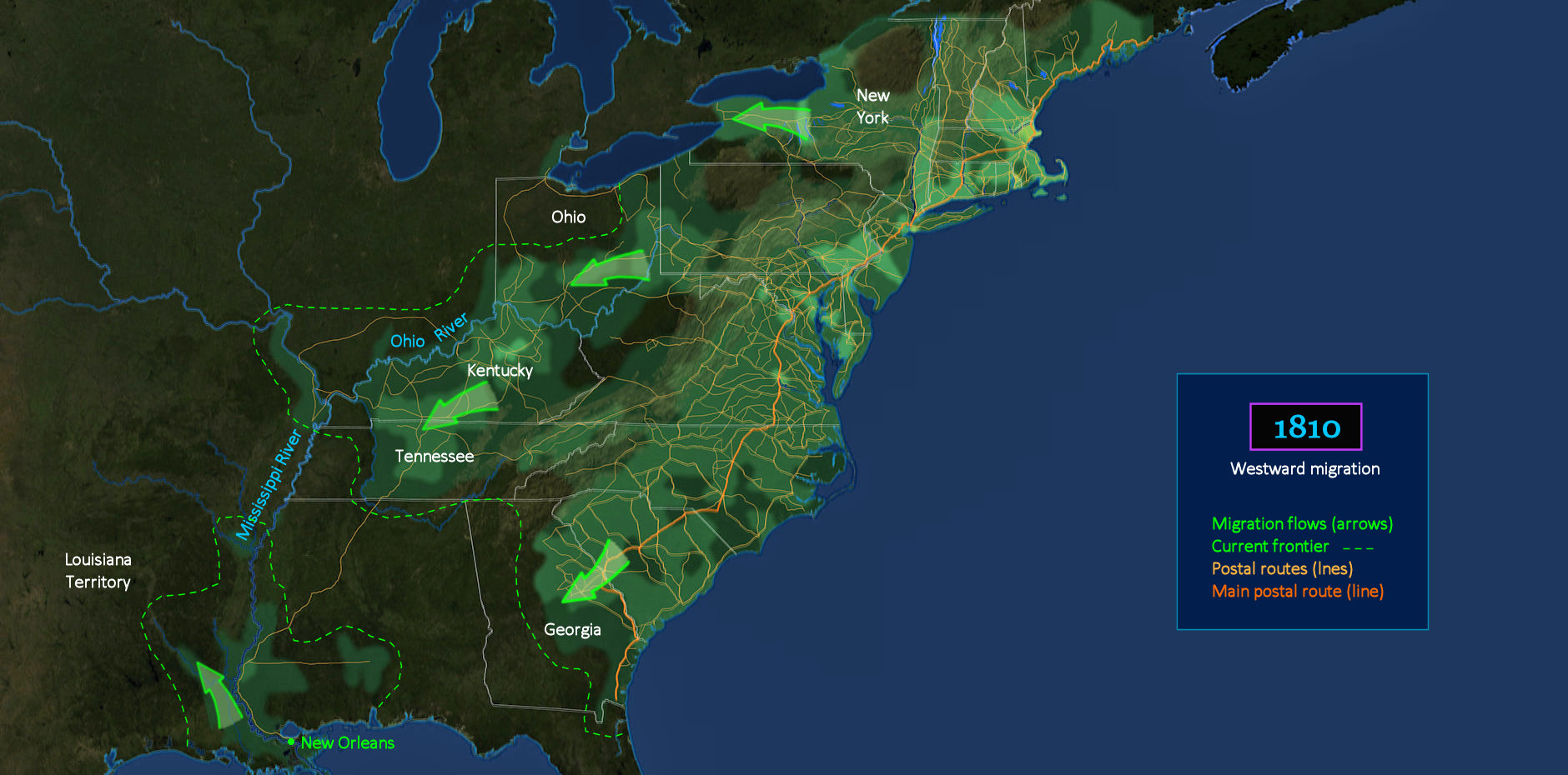 Westward migration, mail routes, 1810 map